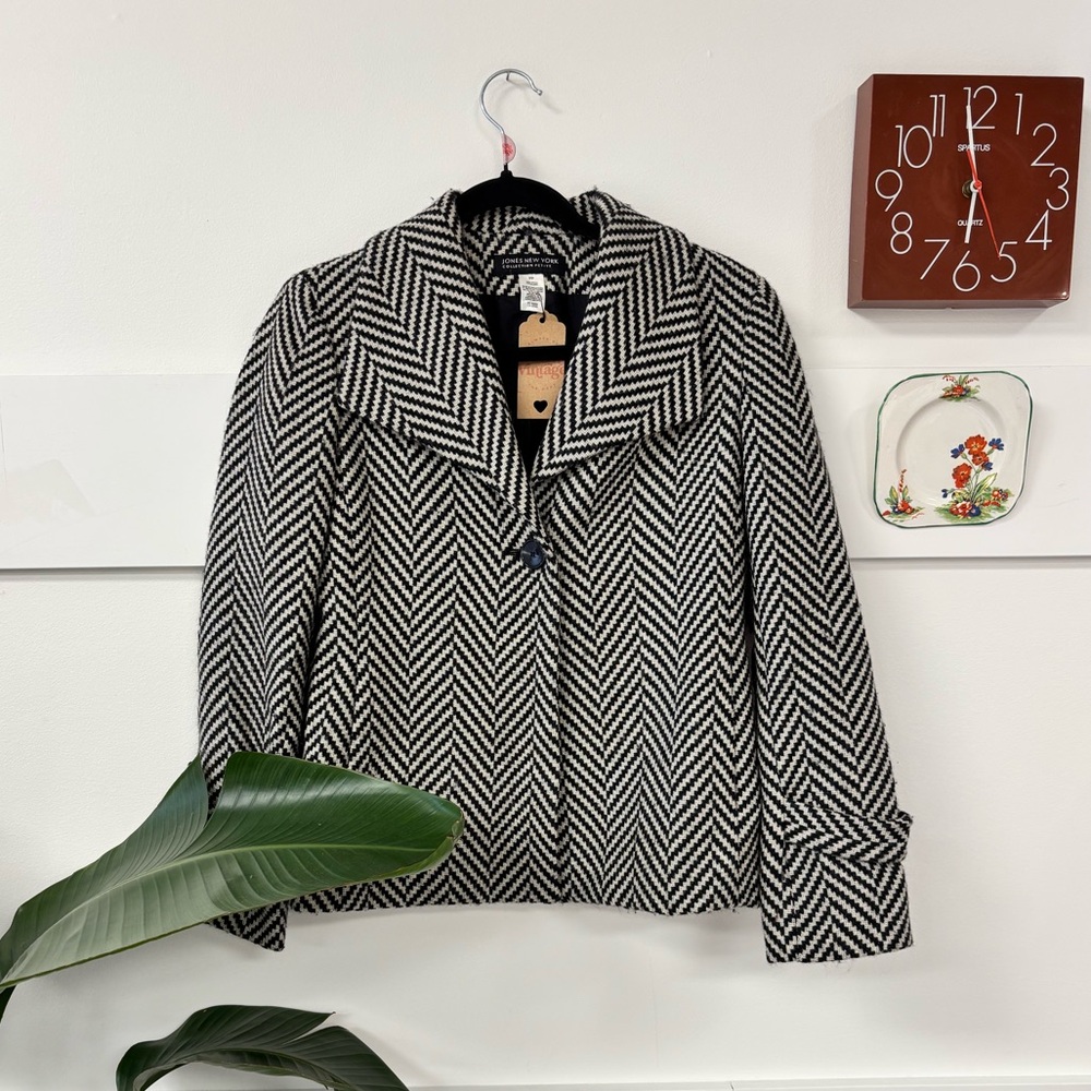 Jones New York Black and White Herringbone Wool Jacket